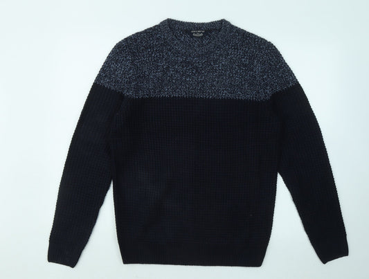 Kensington Mens Blue Round Neck Geometric Acrylic Pullover Jumper Size M