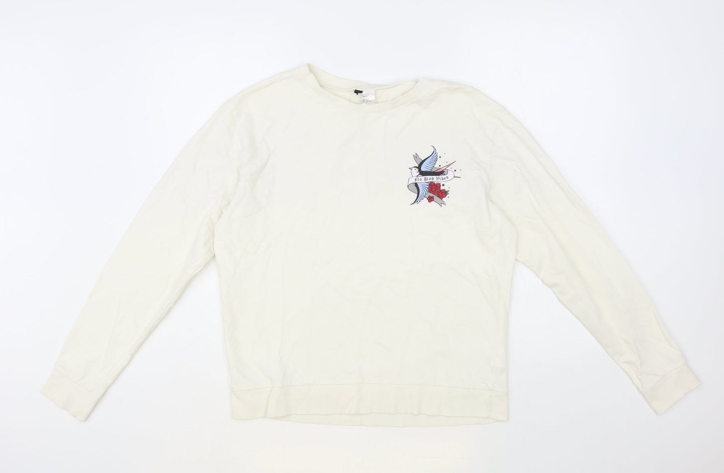 H&M Womens Ivory Cotton Pullover Sweatshirt Size M - No Bad Vibes