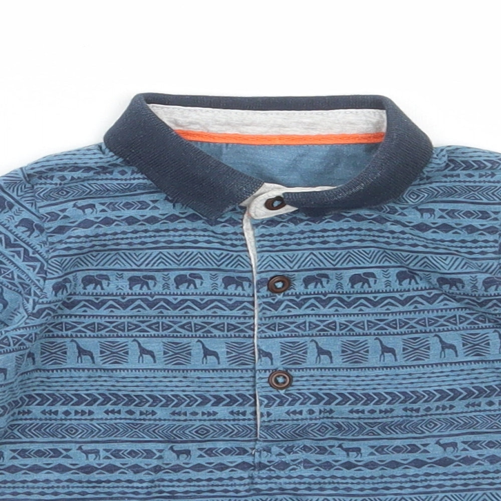 Matalan Boys Blue Geometric Cotton Pullover Polo Size 3-6 Months Collared Button - Animal print
