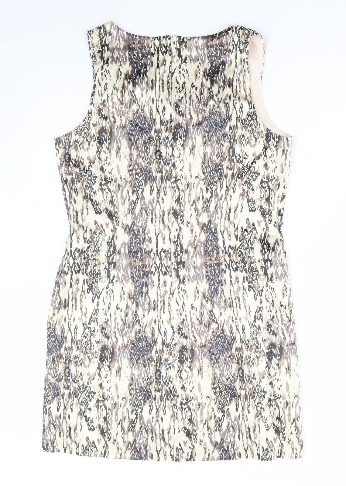 Oasis Womens Brown Geometric Cotton Bodycon Size 12 Scoop Neck Zip