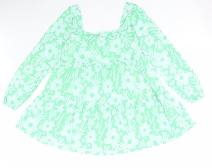 ASOS Womens Green Floral Cotton Shift Size 10 Square Neck Pullover