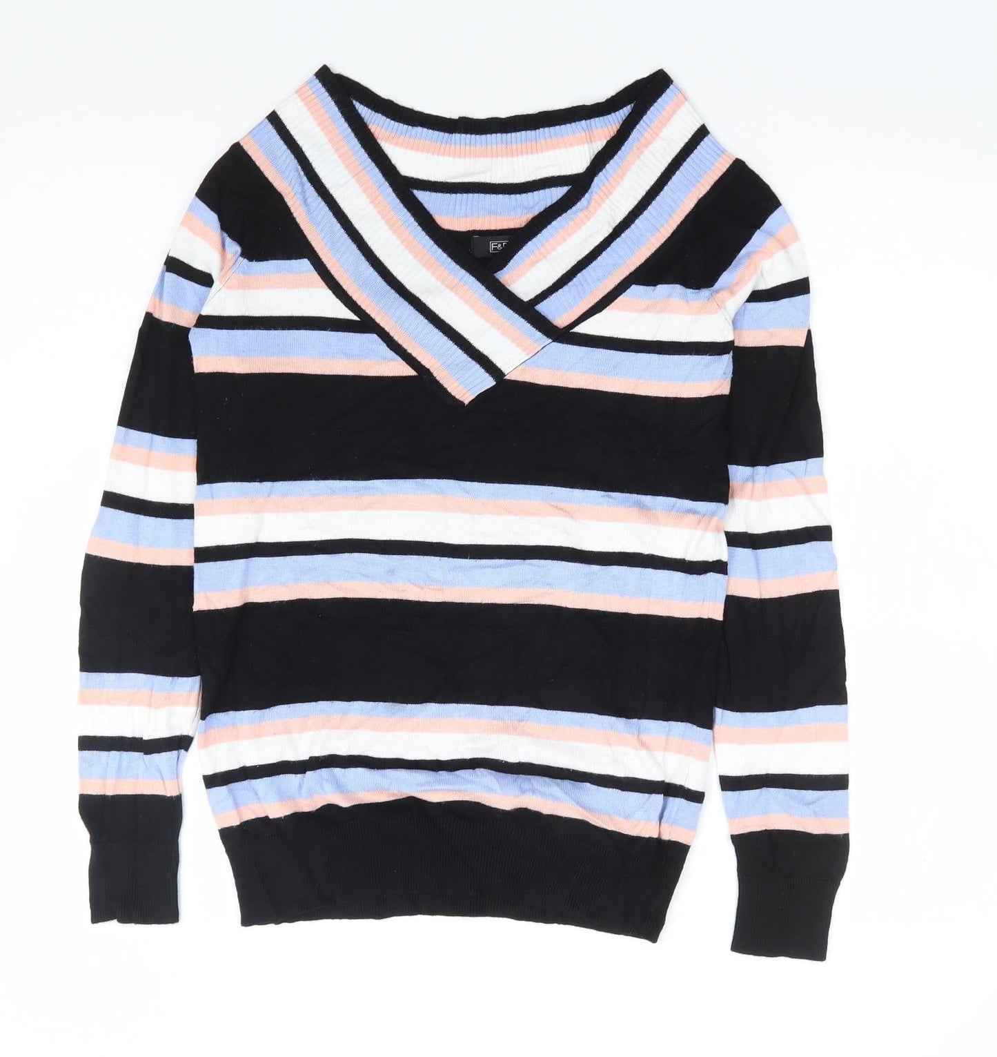 F&F Womens Multicoloured V-Neck Striped Viscose Pullover Jumper Size 10