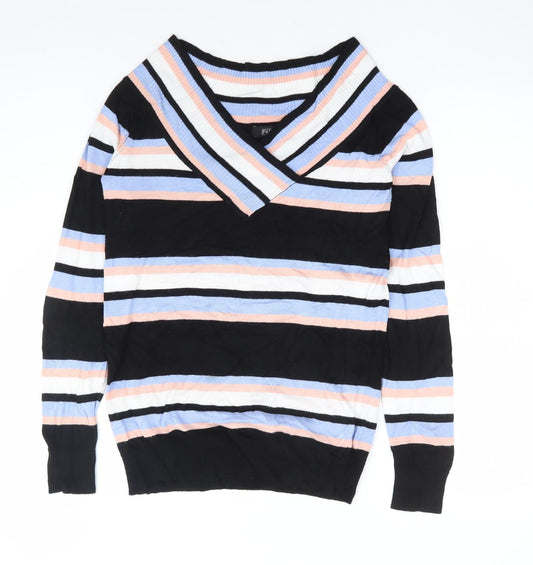 F&F Womens Multicoloured V-Neck Striped Viscose Pullover Jumper Size 10