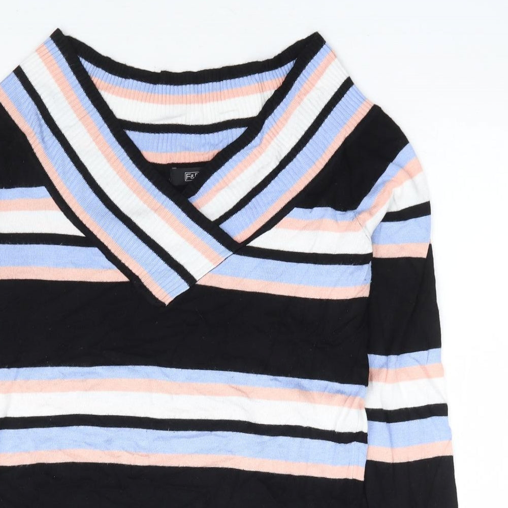 F&F Womens Multicoloured V-Neck Striped Viscose Pullover Jumper Size 10