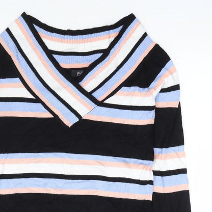 F&F Womens Multicoloured V-Neck Striped Viscose Pullover Jumper Size 10