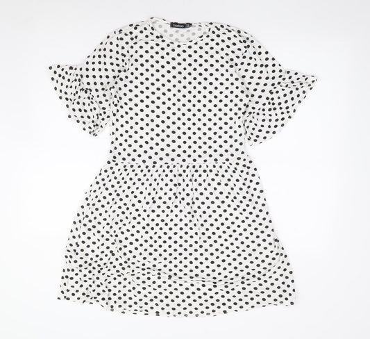 Boohoo Womens White Polka Dot Viscose Fit & Flare Size 6 Round Neck Pullover