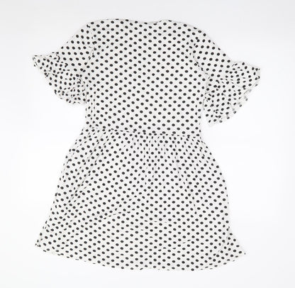 Boohoo Womens White Polka Dot Viscose Fit & Flare Size 6 Round Neck Pullover