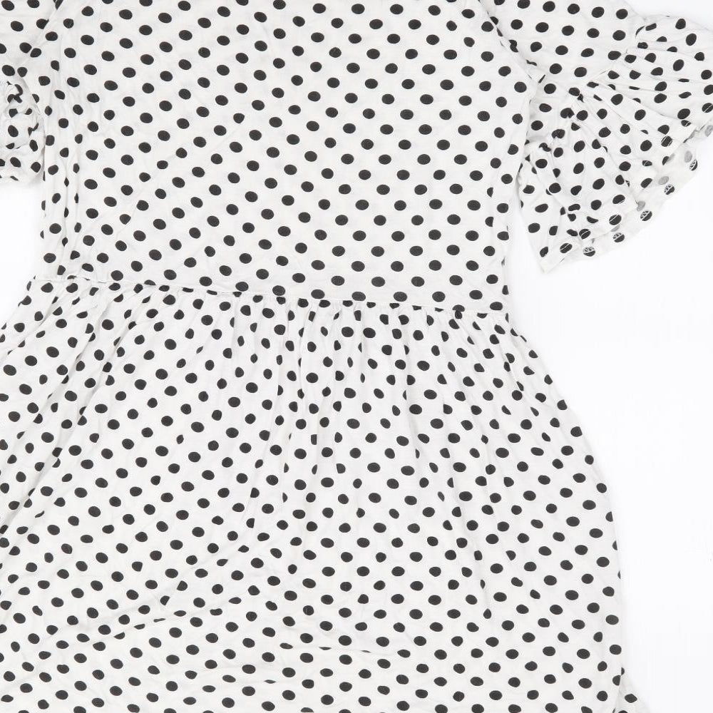 Boohoo Womens White Polka Dot Viscose Fit & Flare Size 6 Round Neck Pullover