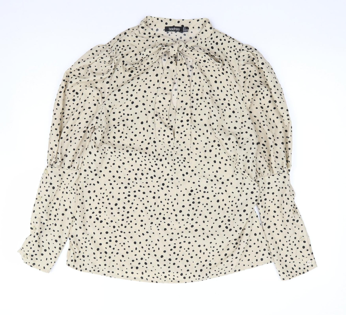 Boohoo Womens Beige Polka Dot Polyester Jersey Blouse Size 6 V-Neck - Pussy Bow