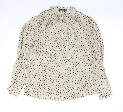 Boohoo Womens Beige Polka Dot Polyester Jersey Blouse Size 6 V-Neck - Pussy Bow