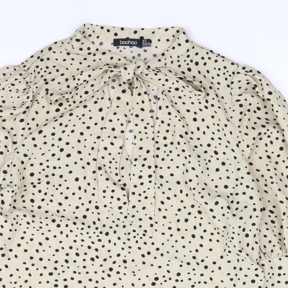 Boohoo Womens Beige Polka Dot Polyester Jersey Blouse Size 6 V-Neck - Pussy Bow