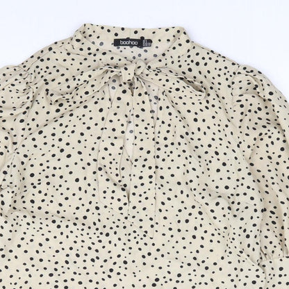 Boohoo Womens Beige Polka Dot Polyester Jersey Blouse Size 6 V-Neck - Pussy Bow