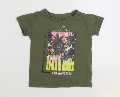 Dunnes Stores Boys Green 100% Cotton Basic T-Shirt Size 2 Years Round Neck Pullover - Slogan Palm Tress