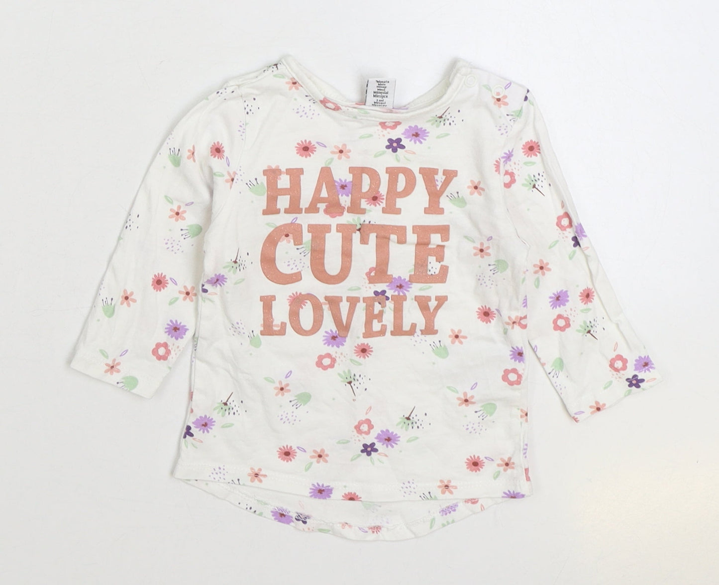 Dopo Dopo Girls White Floral Cotton Basic T-Shirt Size 6-9 Months Round Neck Snap - Happy Cute Lovely