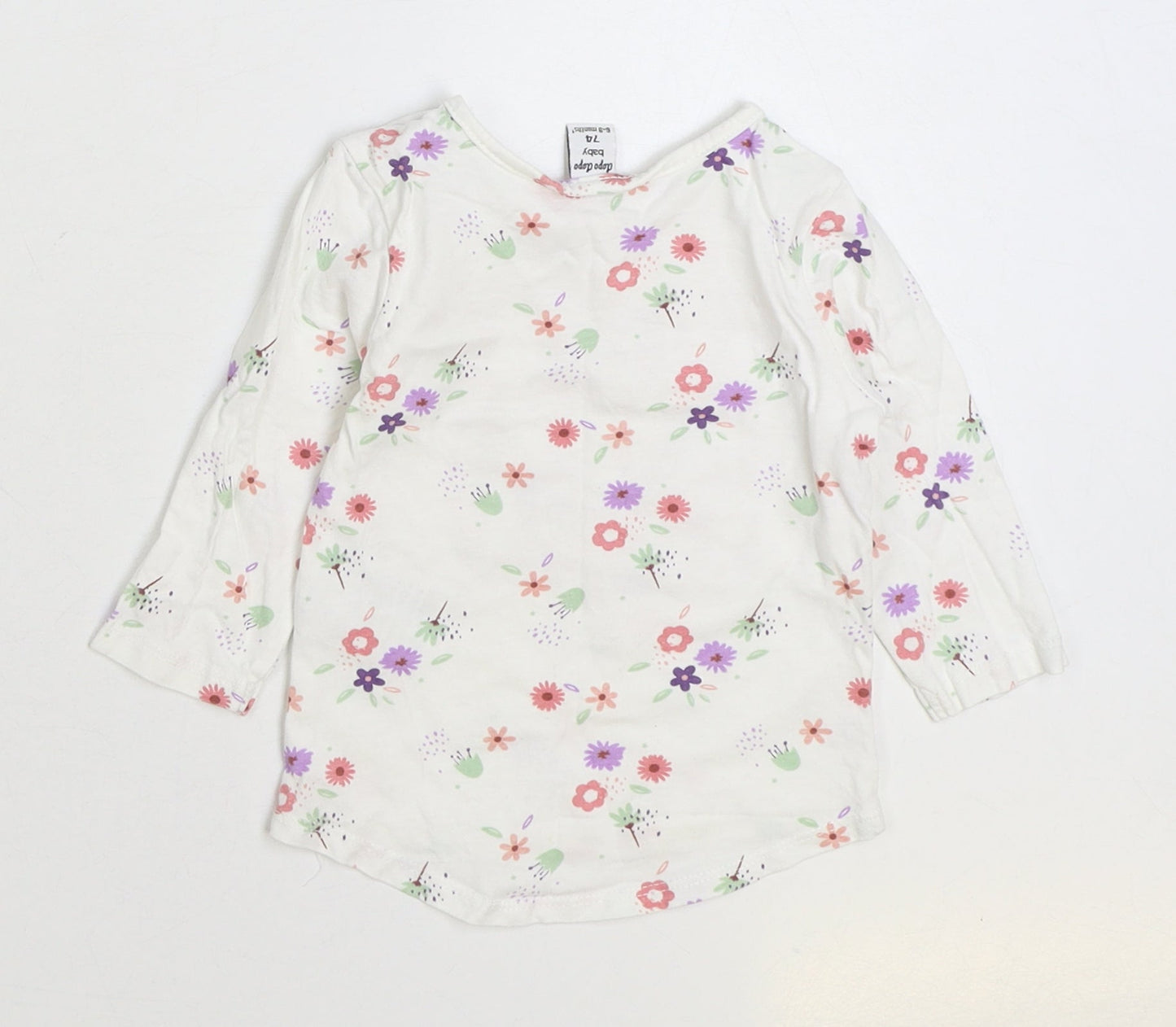 Dopo Dopo Girls White Floral Cotton Basic T-Shirt Size 6-9 Months Round Neck Snap - Happy Cute Lovely