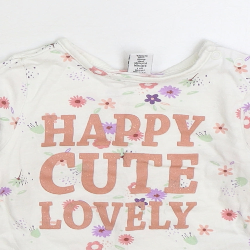 Dopo Dopo Girls White Floral Cotton Basic T-Shirt Size 6-9 Months Round Neck Snap - Happy Cute Lovely