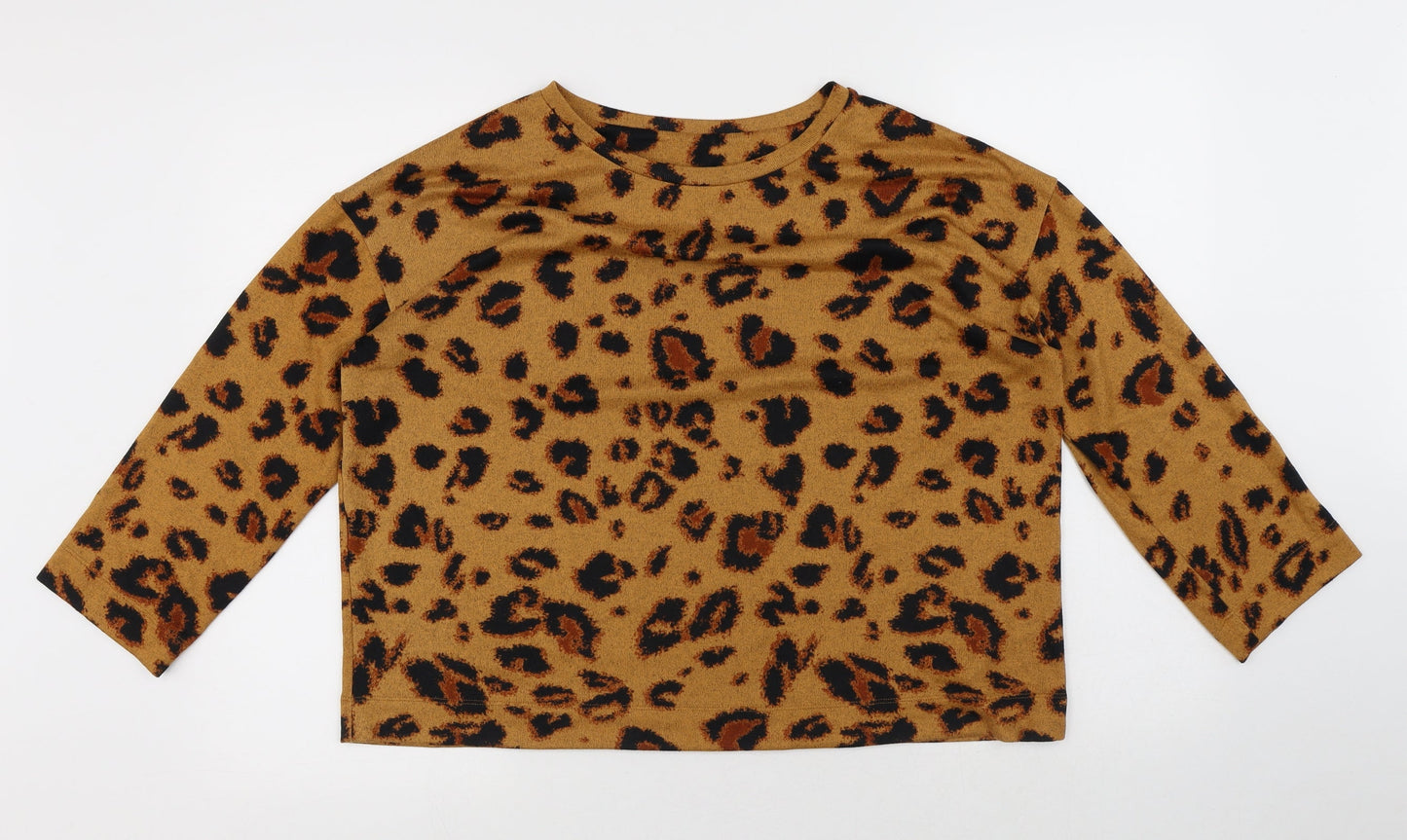 F&F Womens Yellow Round Neck Animal Print Polyester Pullover Jumper Size 14 - Leopard Print