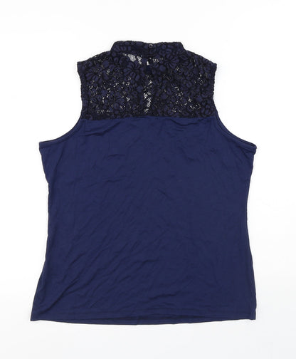 TU Womens Blue Floral Polyamide Basic Tank Size 14 High Neck - Flowers