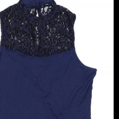 TU Womens Blue Floral Polyamide Basic Tank Size 14 High Neck - Flowers