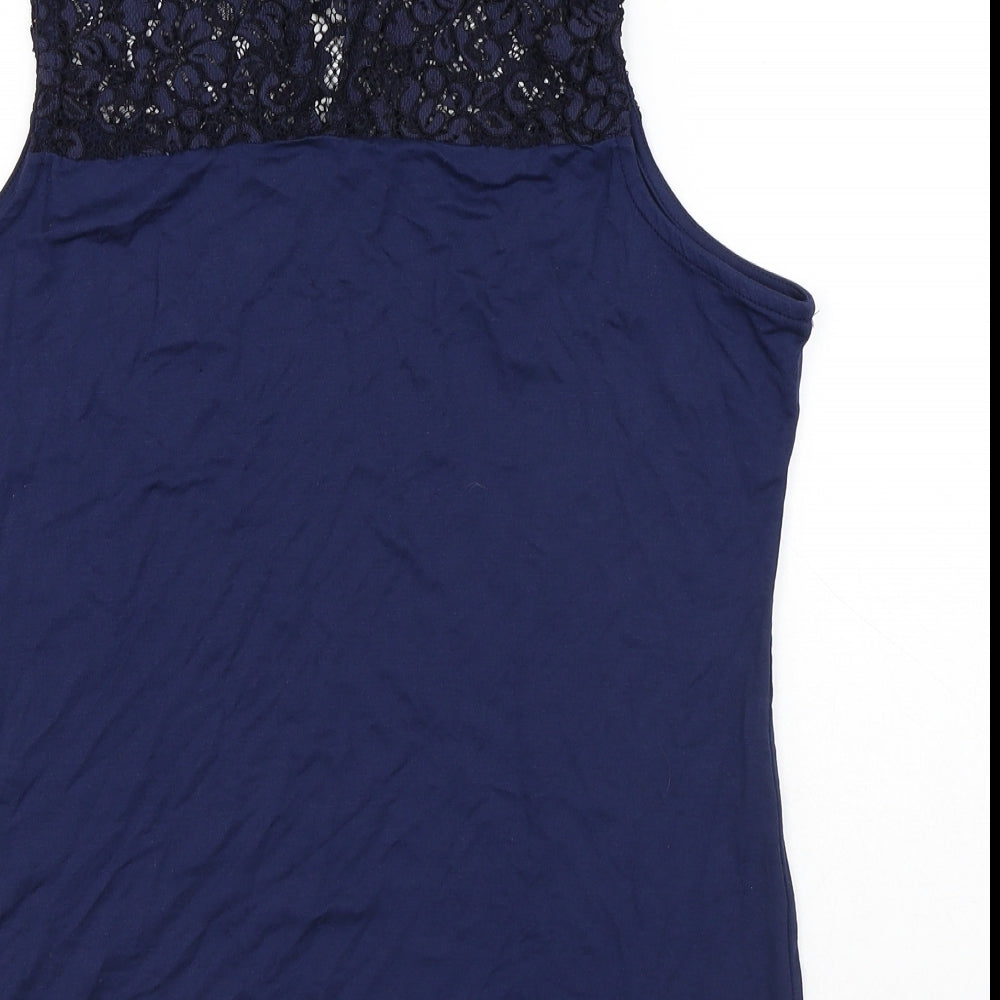 TU Womens Blue Floral Polyamide Basic Tank Size 14 High Neck - Flowers