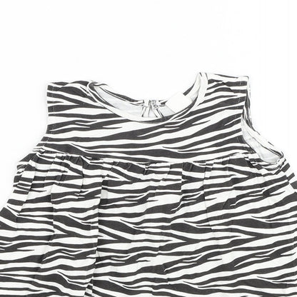 H&M Girls White Animal Print Cotton Basic Blouse Size 2-3 Years Round Neck Button - Zebra Print