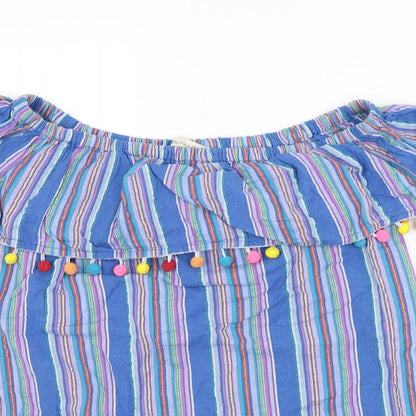 F&F Womens Blue Striped Cotton Basic Blouse Size 12 Off the Shoulder