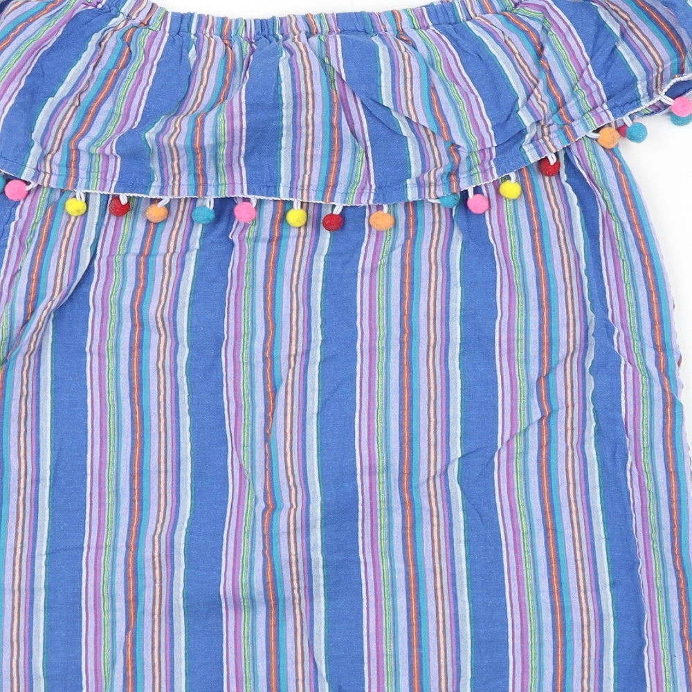 F&F Womens Blue Striped Cotton Basic Blouse Size 12 Off the Shoulder