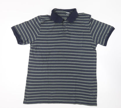 Dunnes Stores Mens Green Striped Cotton Polo Size L Collared Pullover