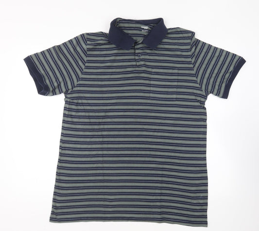 Dunnes Stores Mens Green Striped Cotton Polo Size L Collared Pullover