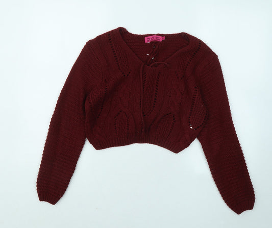 Boohoo Womens Red V-Neck Acrylic Pullover Jumper Size M