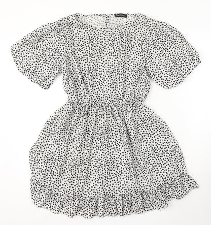 I SAW IT FIRST Womens White Polka Dot Polyester Skater Dress Size 8 Round Neck Button