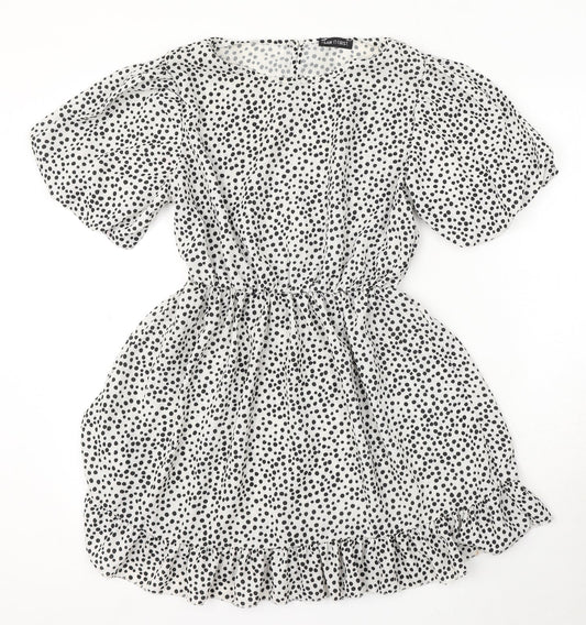 I SAW IT FIRST Womens White Polka Dot Polyester Skater Dress Size 8 Round Neck Button
