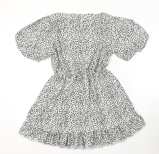 I SAW IT FIRST Womens White Polka Dot Polyester Skater Dress Size 8 Round Neck Button