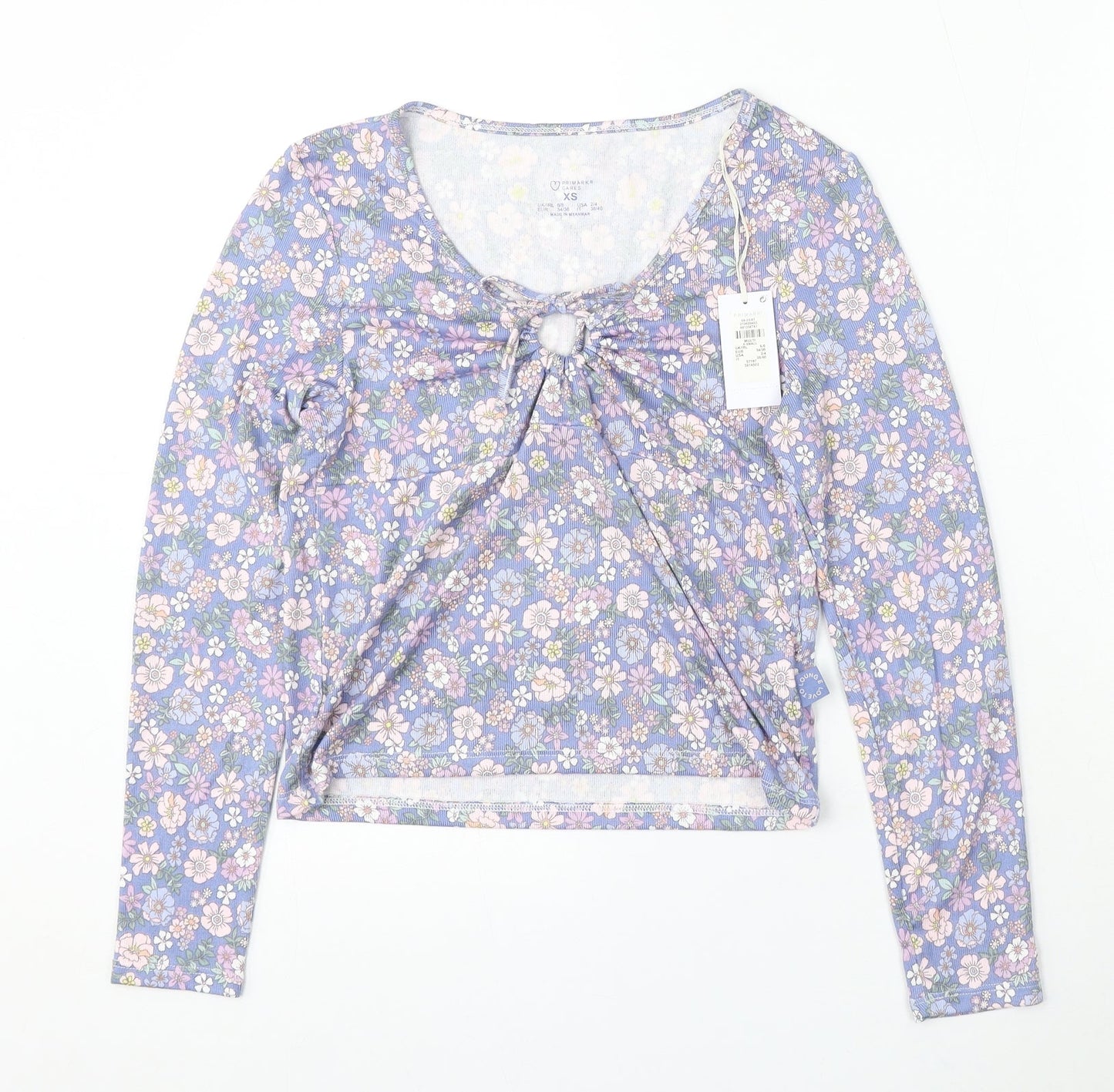Primark Womens Blue Floral Polyester Basic Blouse Size XS V-Neck