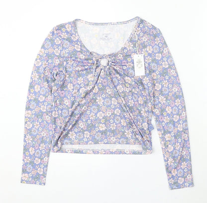Primark Womens Blue Floral Polyester Basic Blouse Size XS V-Neck