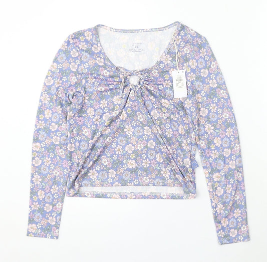 Primark Womens Blue Floral Polyester Basic Blouse Size XS V-Neck