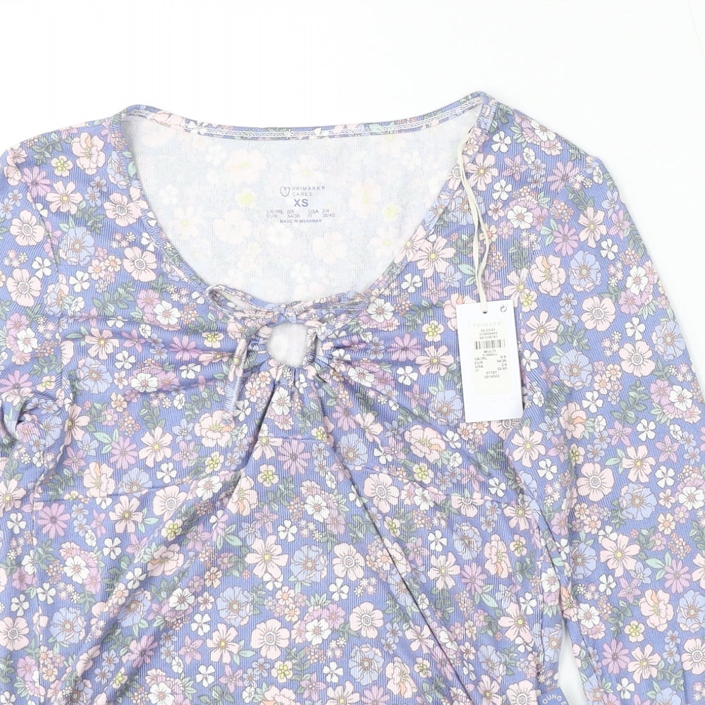 Primark Womens Blue Floral Polyester Basic Blouse Size XS V-Neck