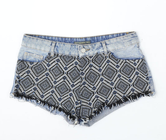 Pull&Bear Womens Blue Geometric Cotton Hot Pants Shorts Size 28 in L3 in Regular Button