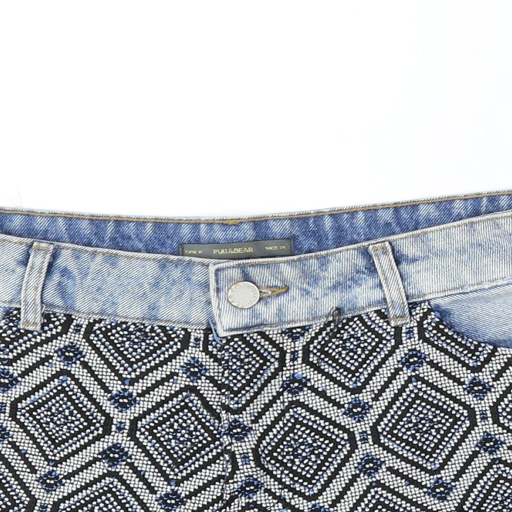Pull&Bear Womens Blue Geometric Cotton Hot Pants Shorts Size 28 in L3 in Regular Button