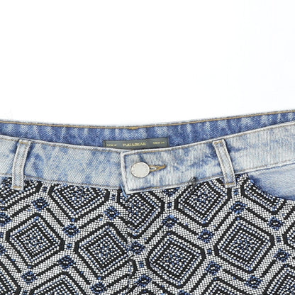 Pull&Bear Womens Blue Geometric Cotton Hot Pants Shorts Size 28 in L3 in Regular Button