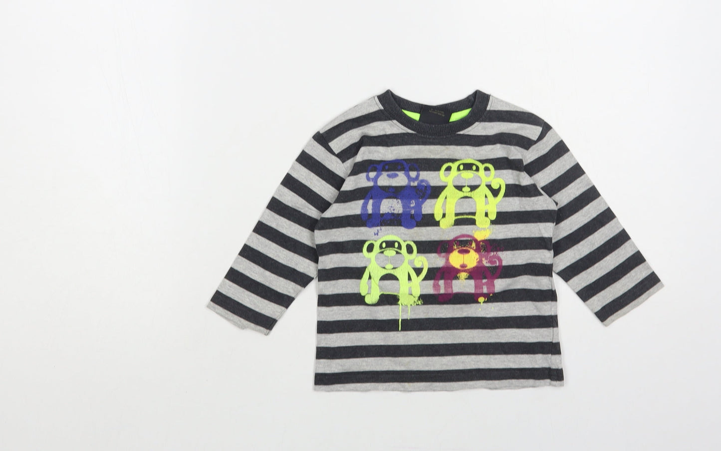 NEXT Baby Grey Striped Cotton Pullover T-Shirt Size 9-12 Months Crew Neck Pullover - Monkeys