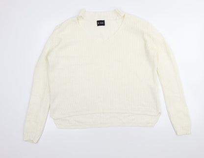 Be You Womens Ivory V-Neck Acrylic Pullover Jumper Size 8