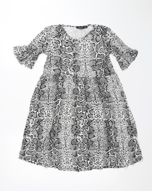 Boohoo Womens White Animal Print Polyester A-Line Size 10 Round Neck - Snake Skin