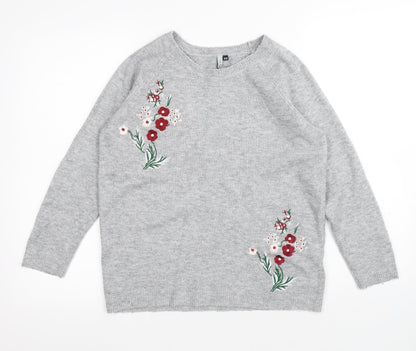 Intuition Womens Grey Round Neck Floral Acrylic Pullover Jumper Size 10 - Flowers