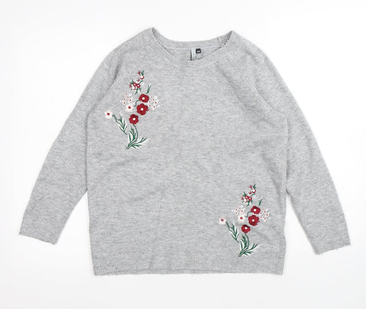 Intuition Womens Grey Round Neck Floral Acrylic Pullover Jumper Size 10 - Flowers