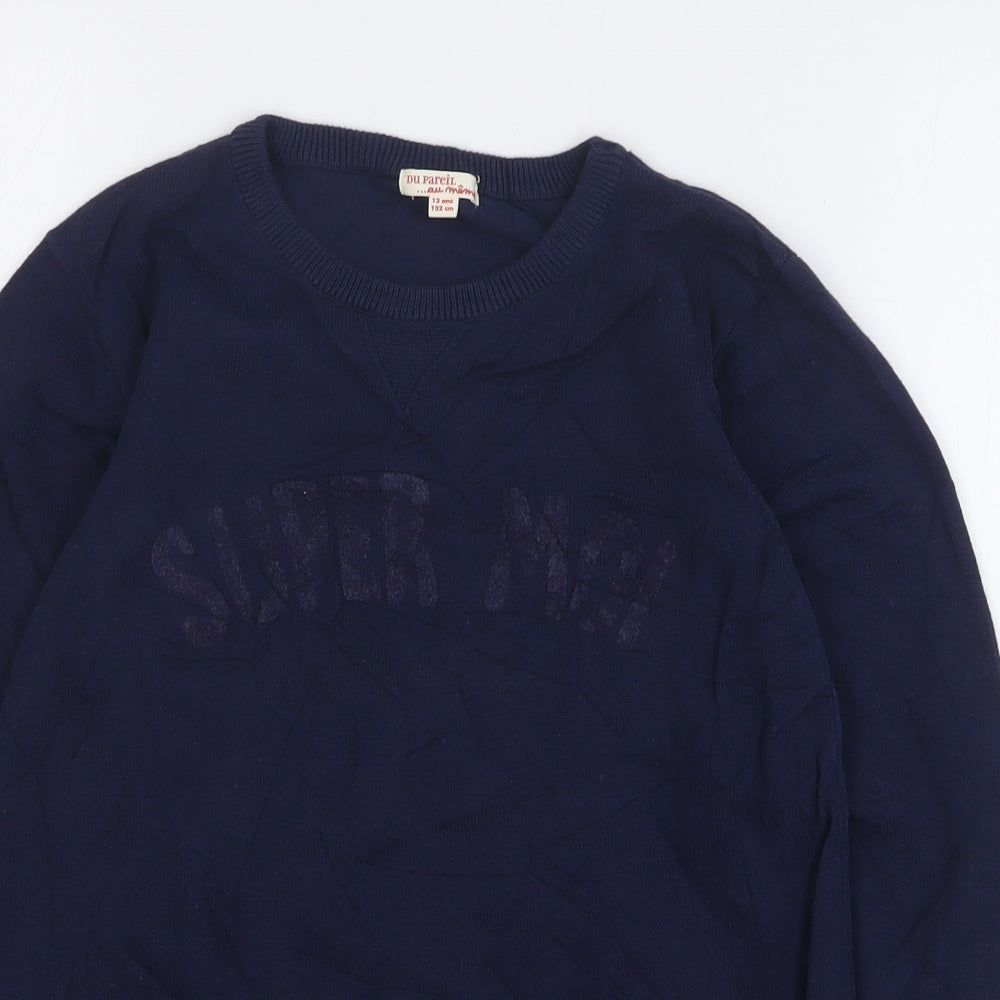 Du Pareil Girls Blue Round Neck Cotton Pullover Jumper Size 12 Years Pullover
