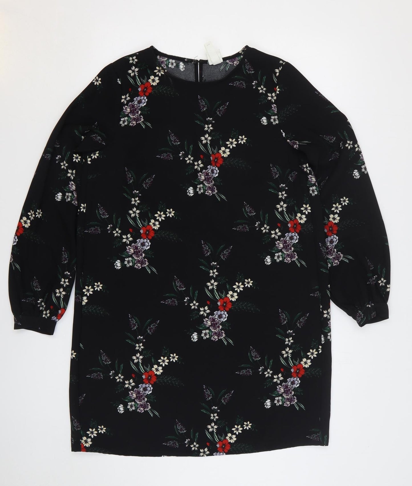 H&M Womens Black Floral Polyester Shift Size 10 Round Neck Button
