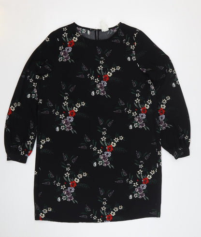 H&M Womens Black Floral Polyester Shift Size 10 Round Neck Button