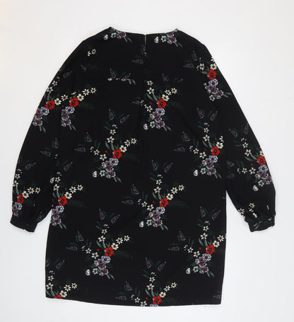 H&M Womens Black Floral Polyester Shift Size 10 Round Neck Button