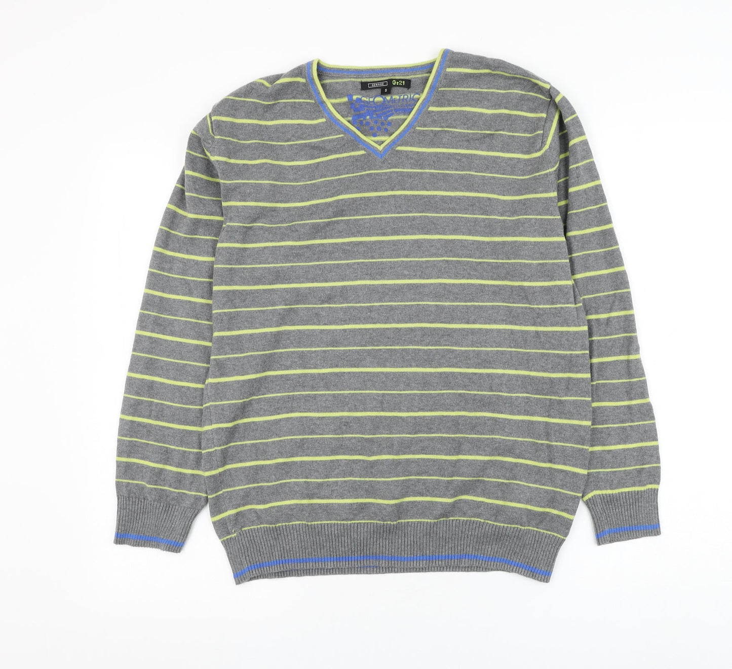 George Mens Grey V-Neck Striped Cotton Pullover Jumper Size S